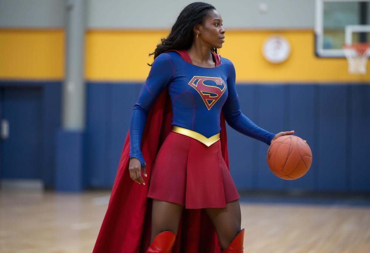 photo picturing a black woman dressed in blue sg outfit shirt,  red sg outfit cape,  golden sg outfit belt on Tensor.Art