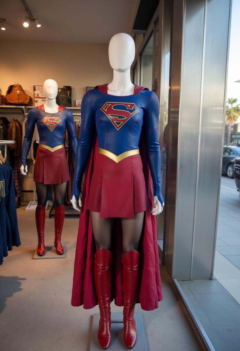photo picturing a mannequin inside a clothing store dressed in blue sg outfit shirt,  red sg outfit cape,  golden sg outfi...