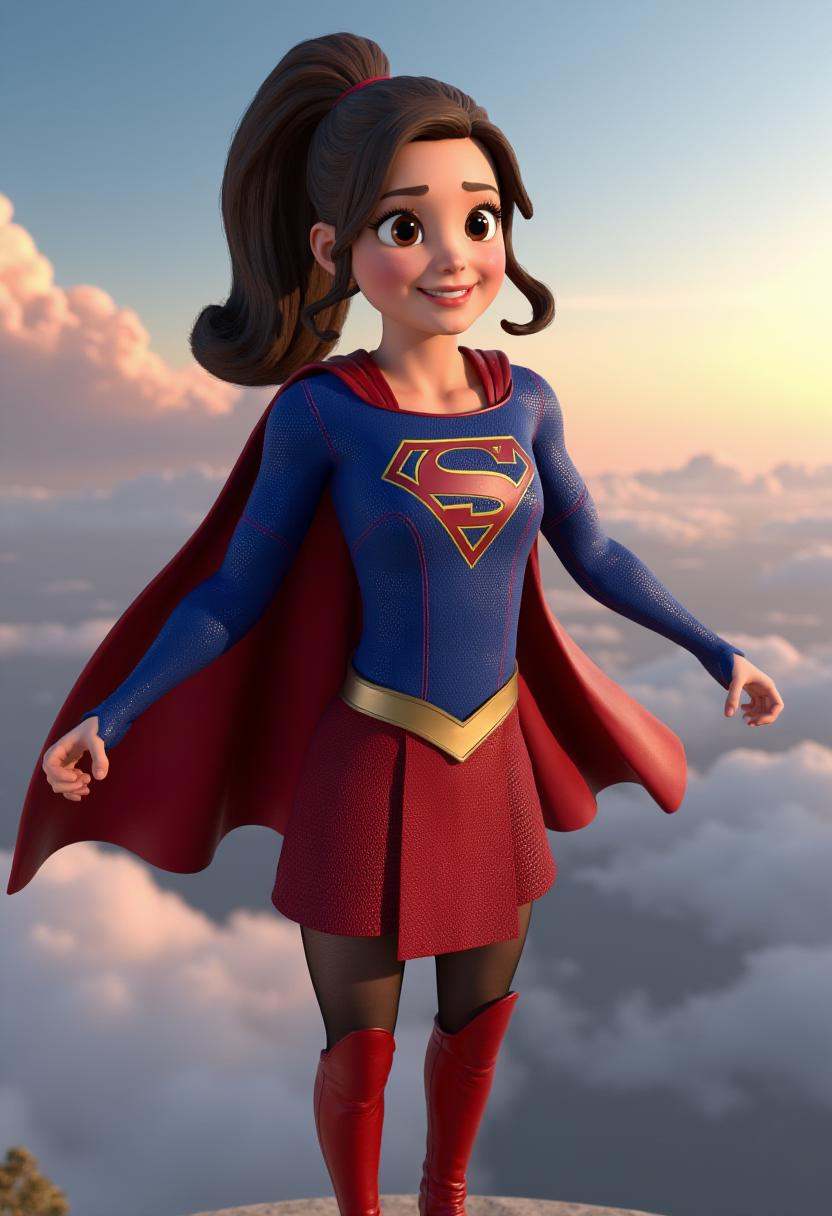 3d animated cartoon pixar disney movie render picturing an ***** woman with a ponytail dressed in blue sg outfit shirt,  r...