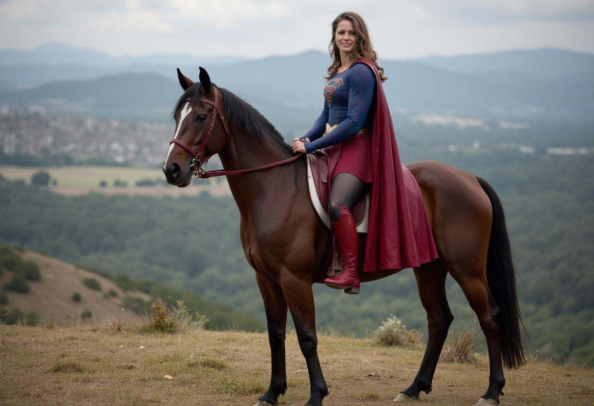 photo of a woman sitting on a horse upon a hill,  dressed in blue sg outfit shirt,  red sg outfit cape on Tensor.Art