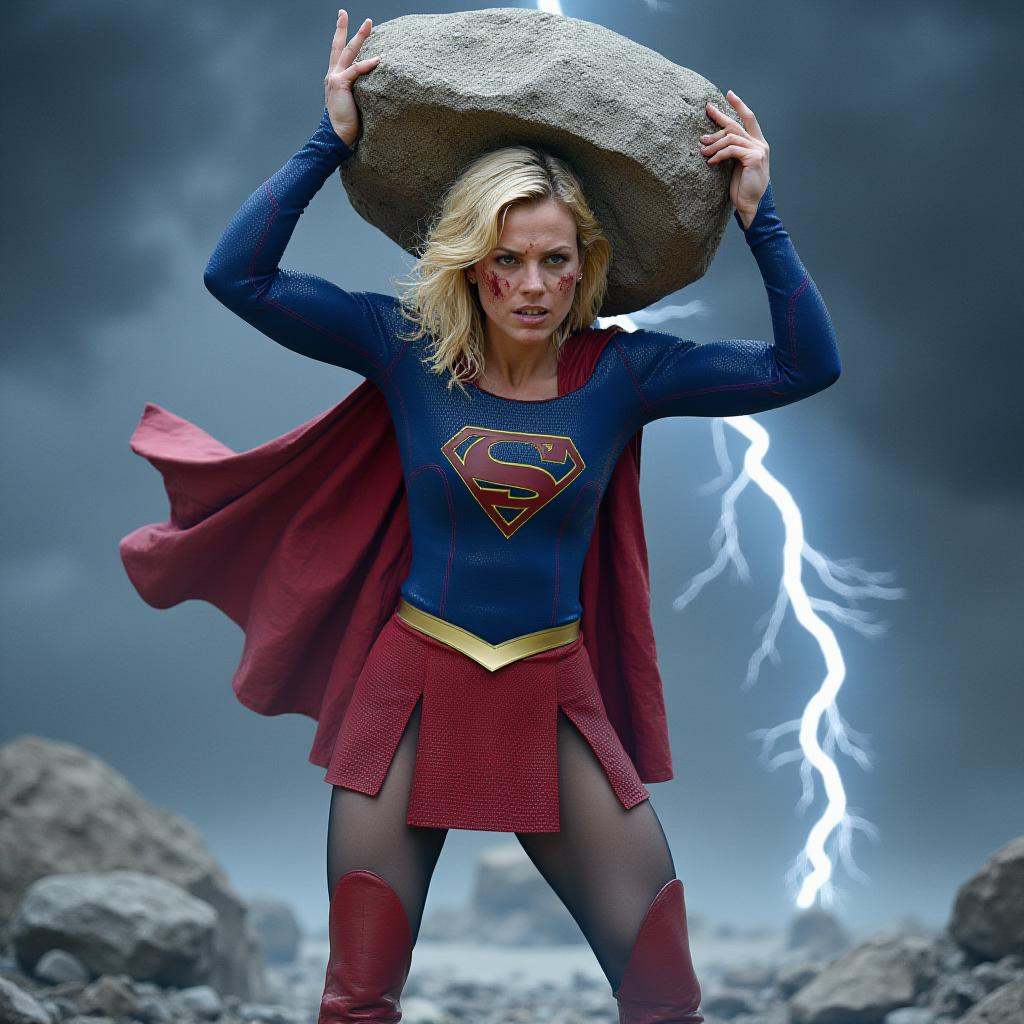 photo picturing a muscular woman with wet,  wavy,  shoulder-length short blonde hair hovering in the sky during a storm. S...