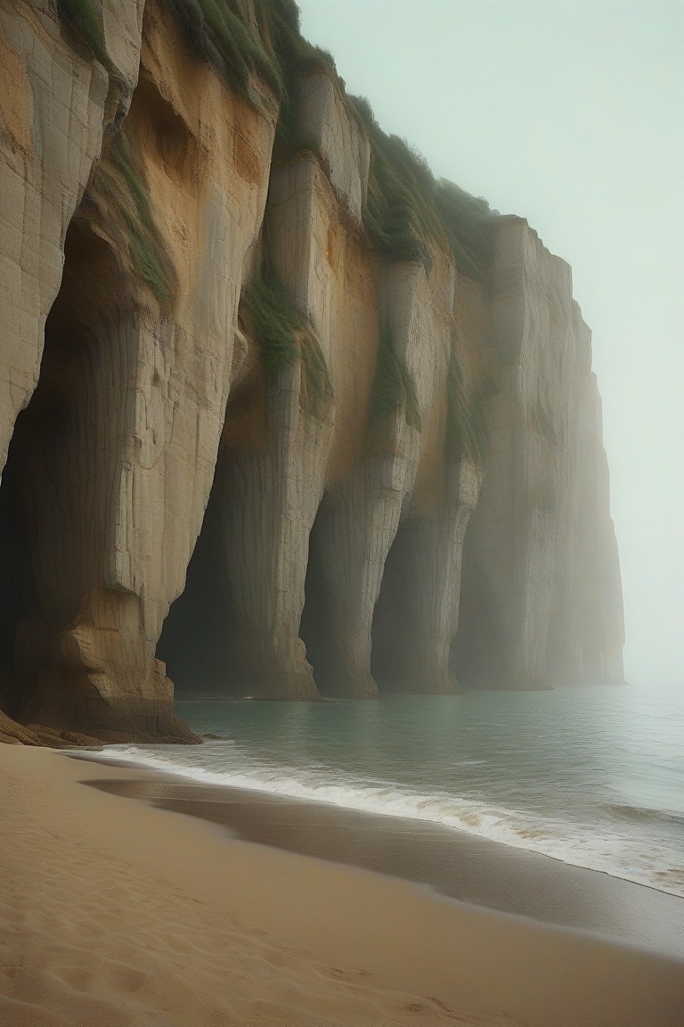 The image depicts a serene coastal scene with a striking cliff face in the background. The cliff is composed of large,  ve...