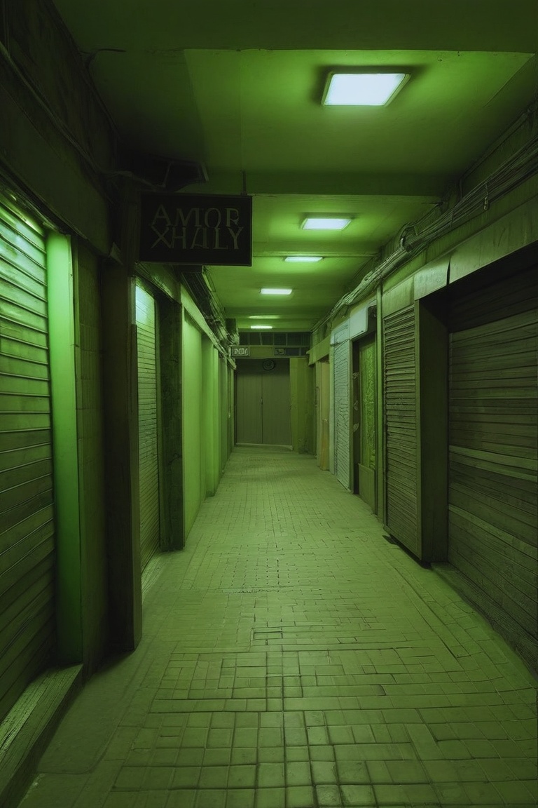 The image depicts a dimly lit alleyway with a tiled floor and closed storefronts. The alley is illuminated by a single ove...