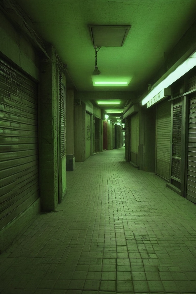 The image depicts a dimly lit alleyway with a tiled floor and closed storefronts. The alley is illuminated by a single ove...