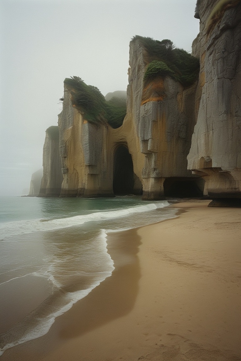 The image depicts a serene coastal scene with a striking cliff face in the background. The cliff is composed of large,  ve...