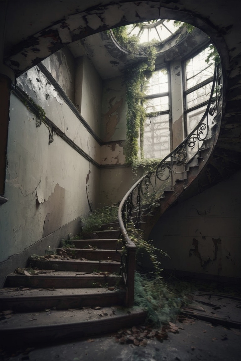 An abandoned spiral staircase in an old building,  captured in Gloomy Photography Pinterest Style. The frame focuses on th...