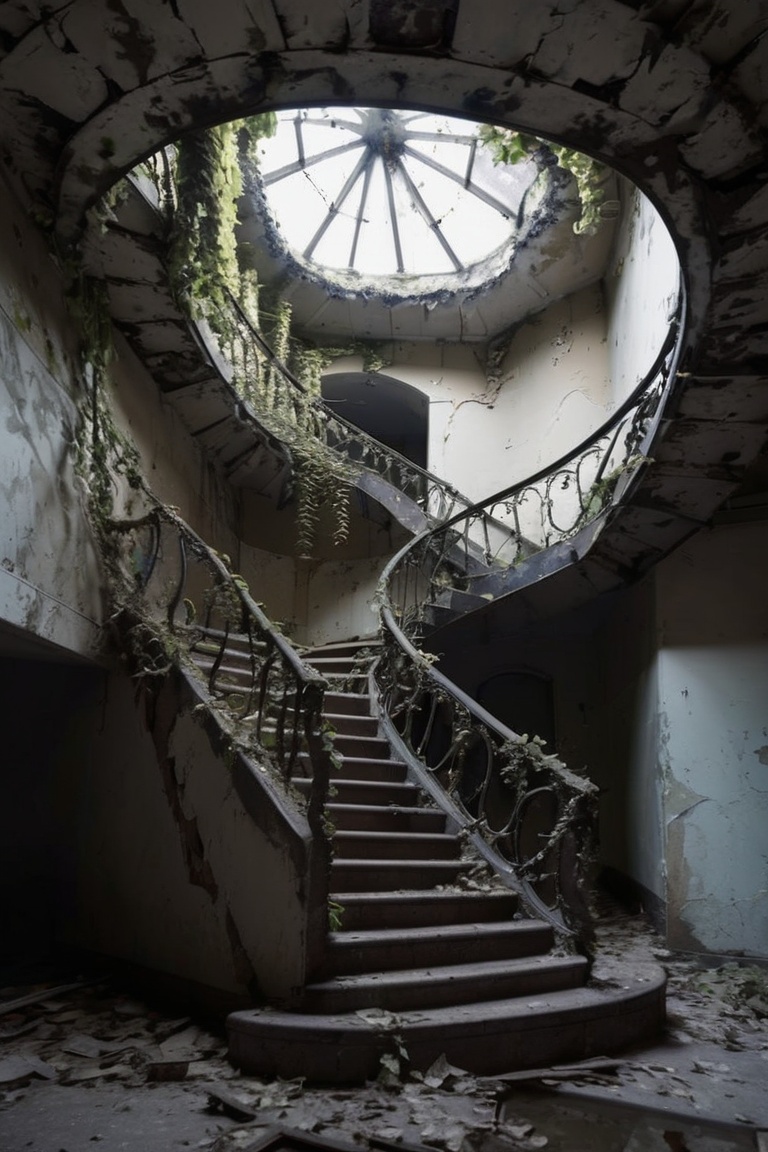 An abandoned spiral staircase in an old building,  captured in Gloomy Photography Pinterest Style. The frame focuses on th...