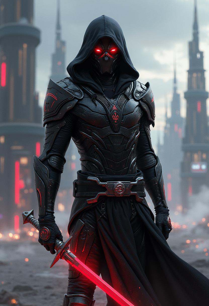 artwork in sr artstyle,  A sleek and deadly cybernetic assassin clad in black and metallic armor. Their glowing red eyes p...