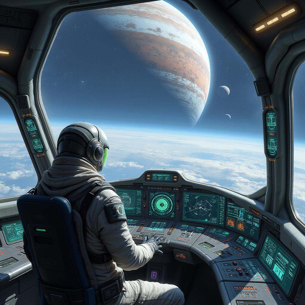 artwork in sr artstyle,  A sleek,  futuristic cockpit filled with glowing holographic controls. Through the glass window o...
