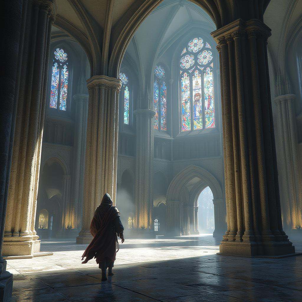 artwork in sr artstyle,  An enormous gothic cathedral with towering stone pillars,  intricate carvings on Tensor.Art