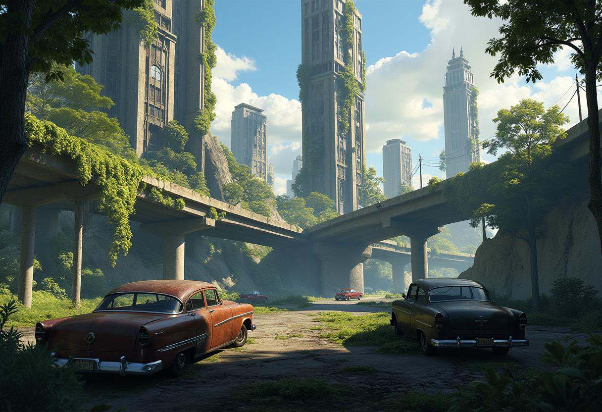 artwork in sr artstyle,  A once-thriving metropolis now reclaimed by nature. Skyscrapers covered in vines,  abandoned high...