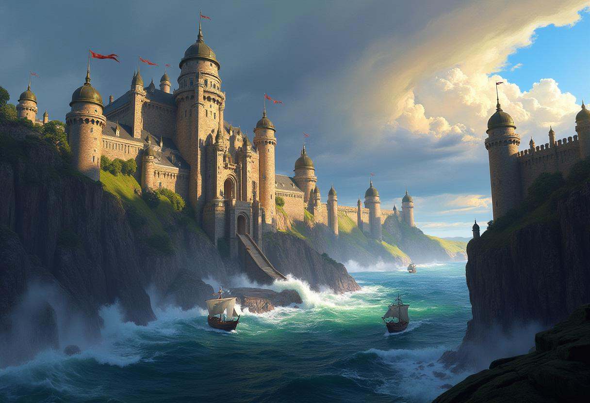 artwork in sr artstyle,  A grand medieval castle built atop a sheer cliff,  overlooking a roaring ocean. Its banners wave...