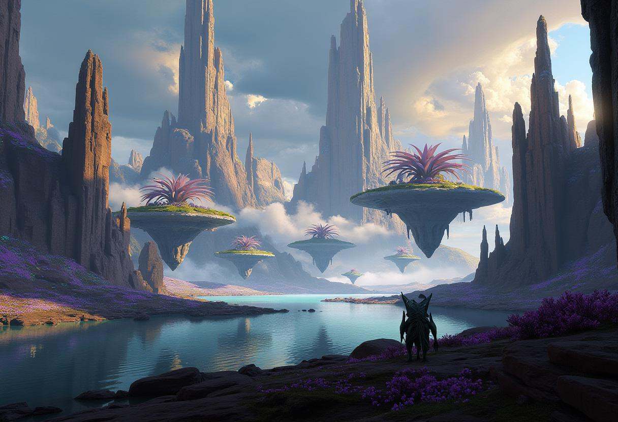 artwork in sr artstyle,  A breathtaking alien world with massive,  jagged rock formations rising into the sky. Floating is...