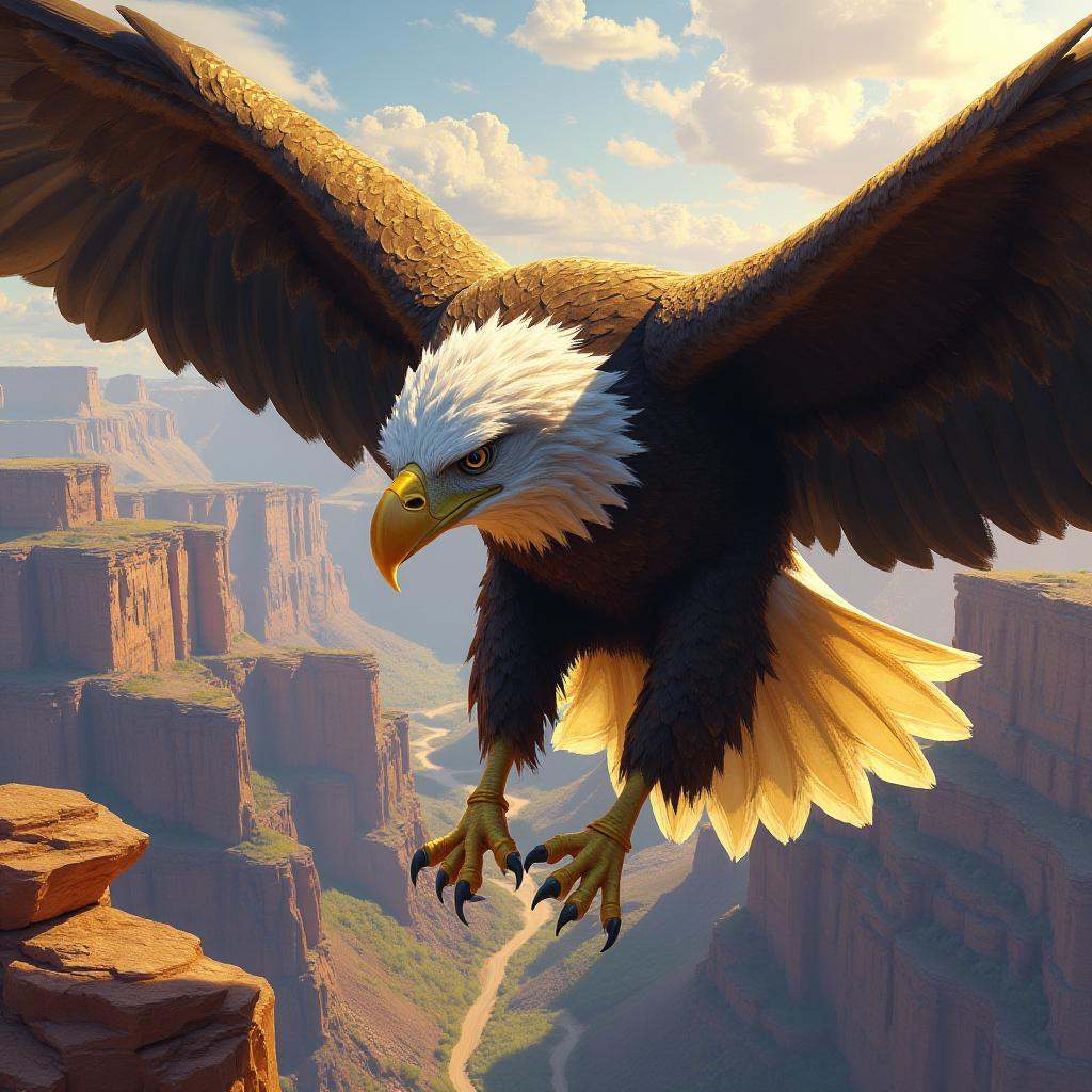 artwork in sr artstyle,  A close-up of a golden eagle in mid-flight,  its feathers intricately detailed. Below on Tensor.Art