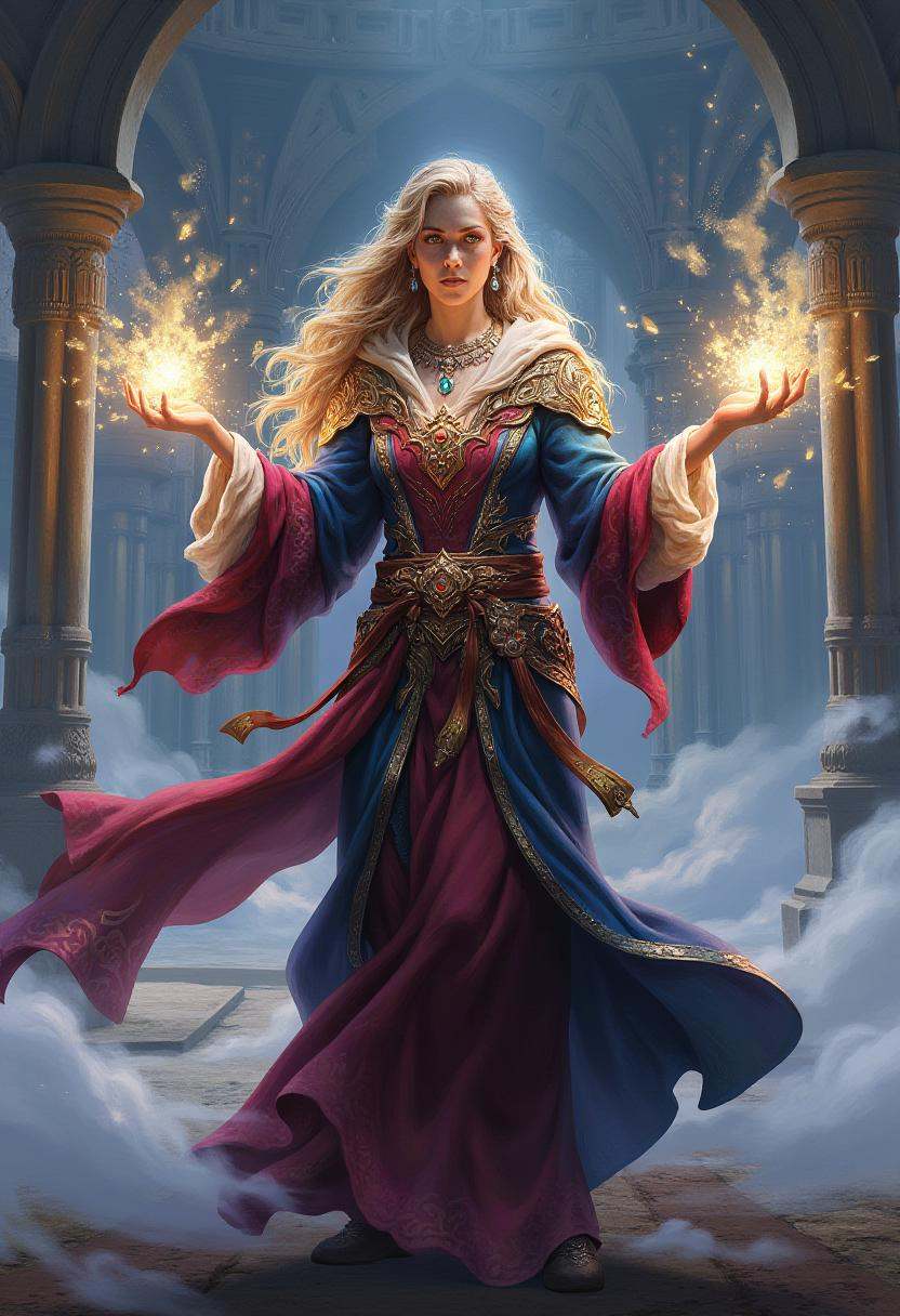 artwork in sr artstyle,  A powerful sorceress in ornate robes,  her hands raised as arcs of magical energy spiral around h...