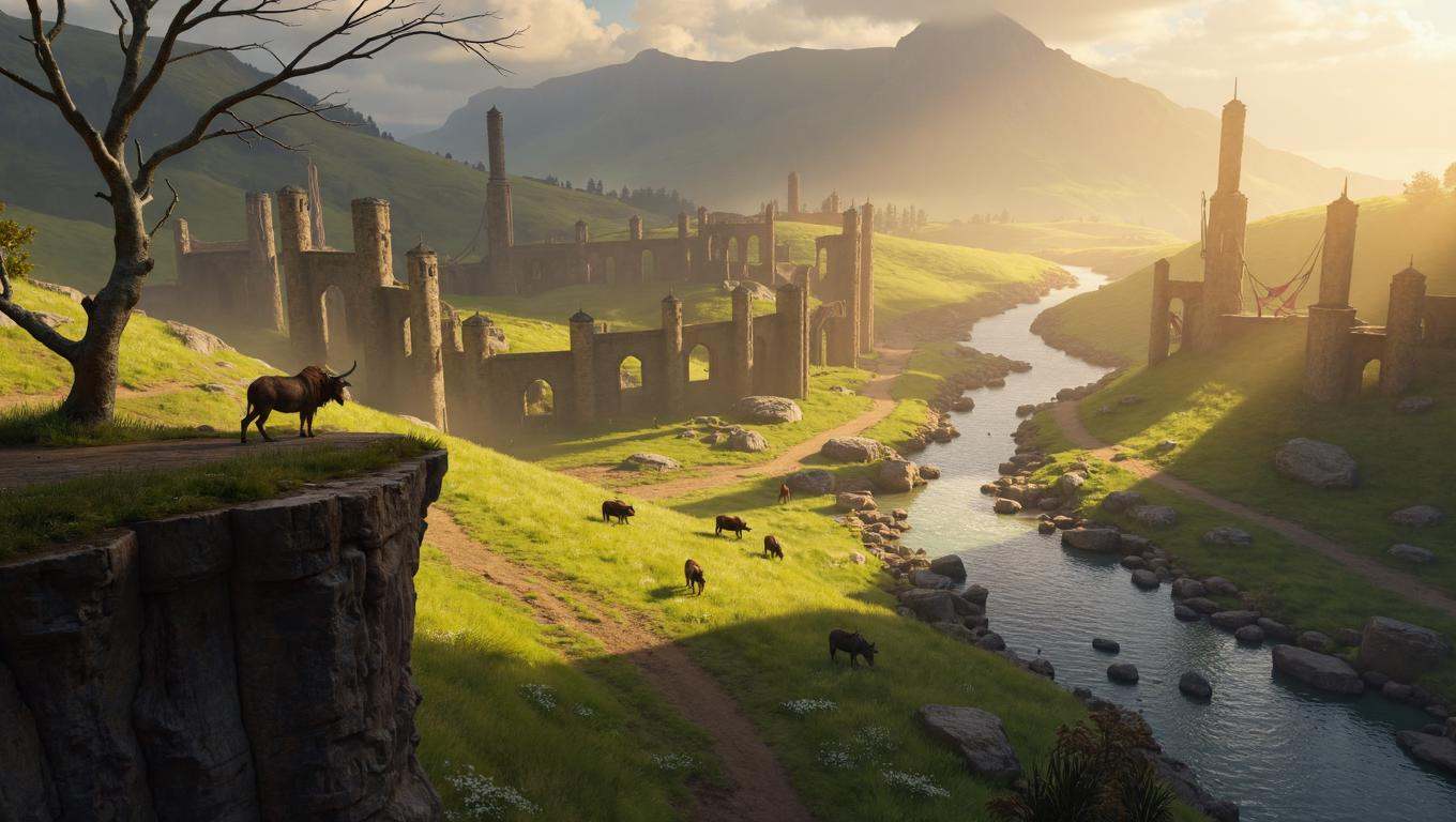 realistic painting illustration in sr artstyle with detailed textures and smooth gradients of a remote highland valley in...