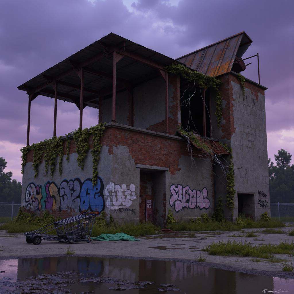 realistic painting illustration in sr artstyle with detailed textures and smooth gradients of an abandoned steel-and-brick...