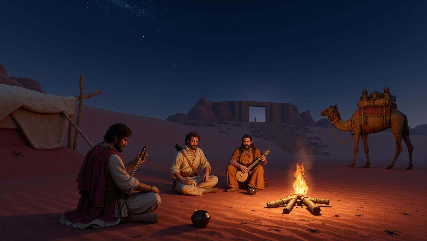 realistic painting illustration in sr artstyle with detailed textures and smooth gradients,  desert night with clear stars...