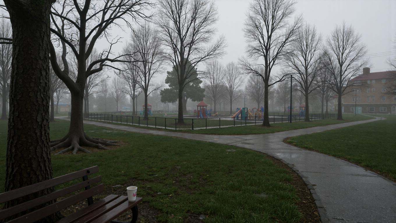 3d render in rr artstyle of a serene overcast morning in a suburban park in early spring,  without people,  emphasizing at...