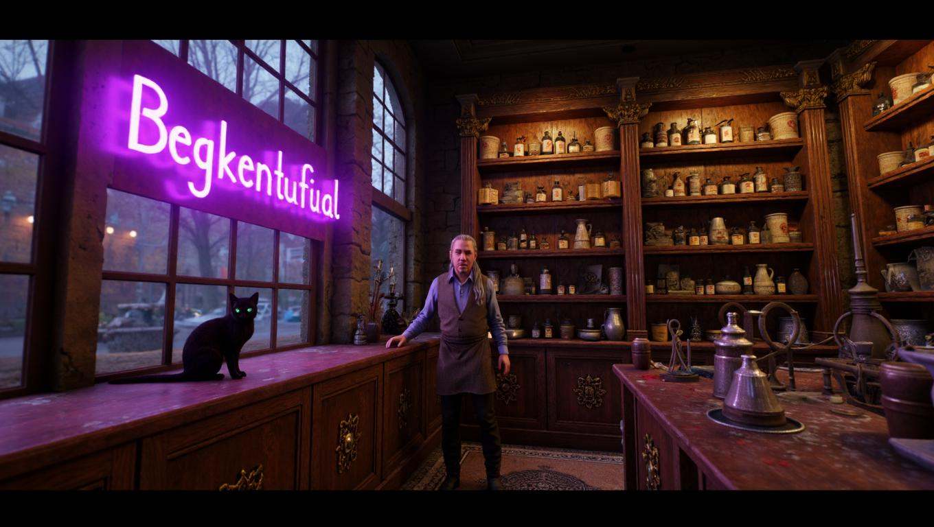 3d render in rr artstyle of an urban fantasy apothecary shop interior at night,  lit by candlelight and neon signageCaptio...