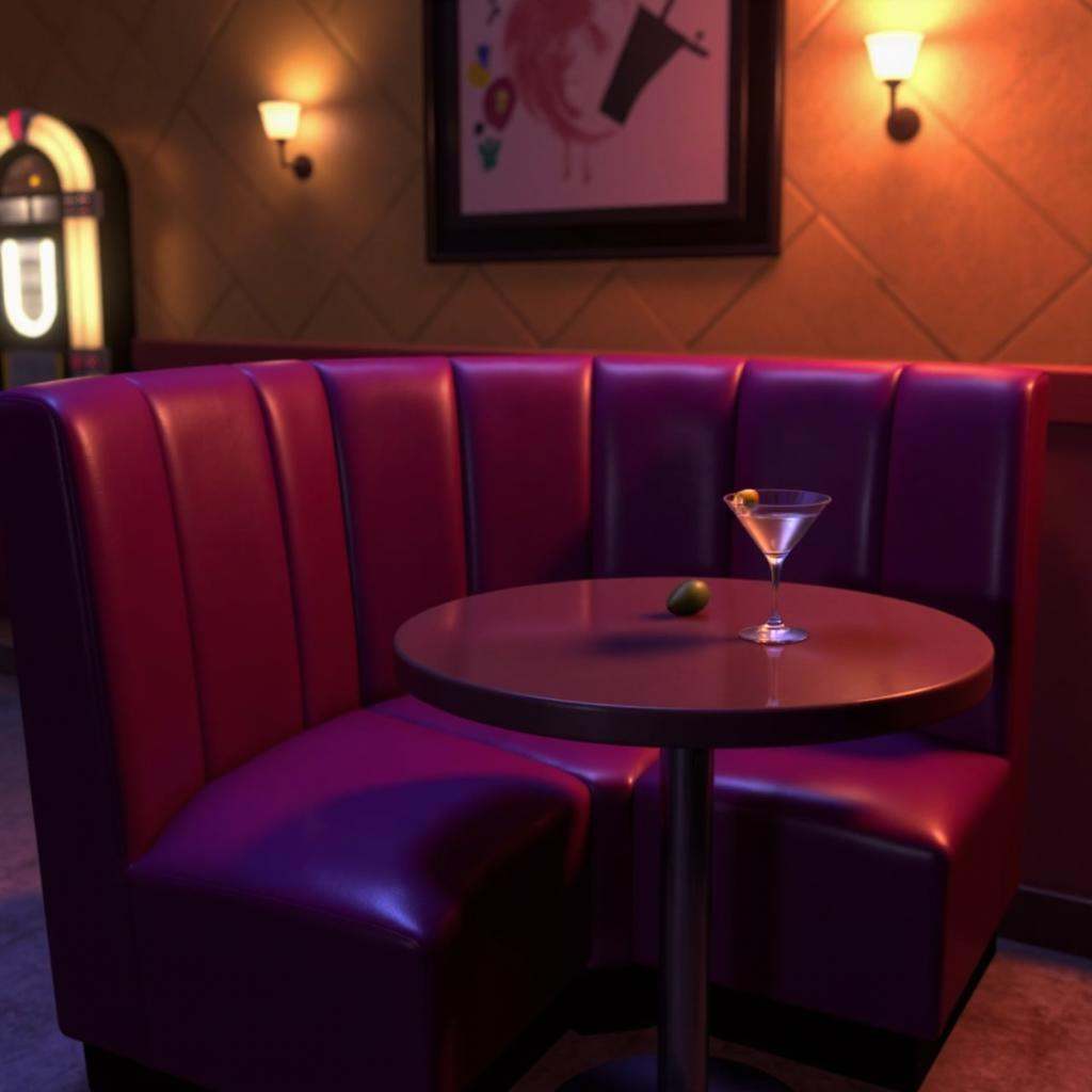 A moody nighttime bar interior,  depicted in a 1:1 frame. The scene shows an empty booth bathed in atmospheric red and pur...