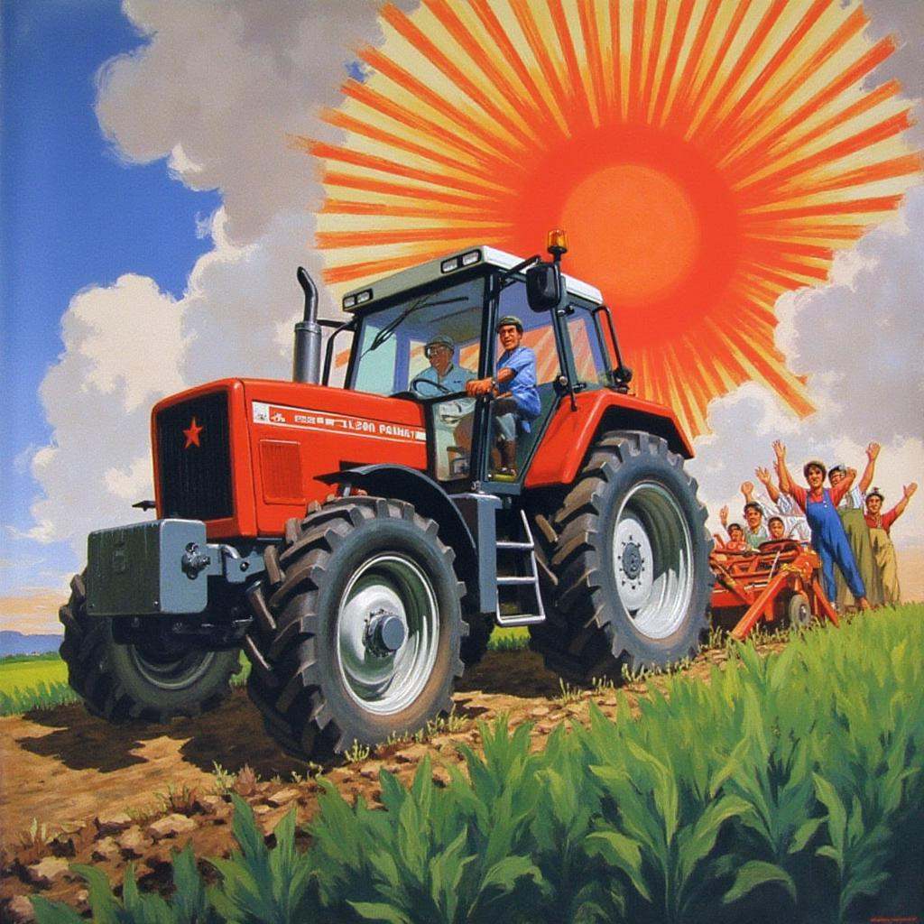 maoist propaganda poster,  A large,  gleaming red tractor plows through fertile land on Tensor.Art