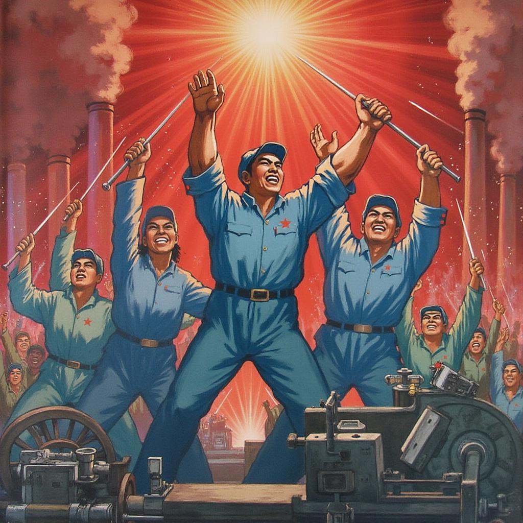 maoist propaganda poster,  A group of strong,  enthusiastic workers in blue uniforms operate massive industrial machines i...