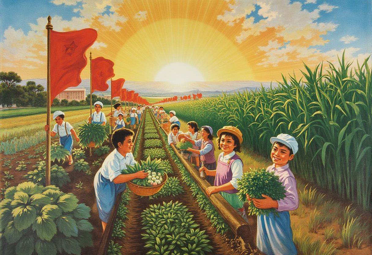 maoist propaganda poster,  A lush,  idealized farm scene where happy farmers plant and harvest massive crops under bright...