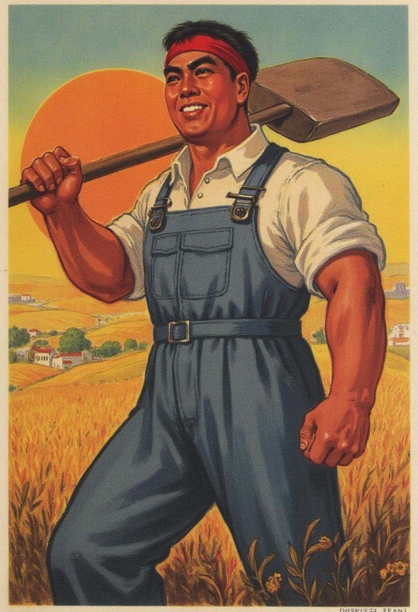 maoist propaganda poster,  A muscular farm worker in a red headband,  holding a shovel over his shoulder on Tensor.Art