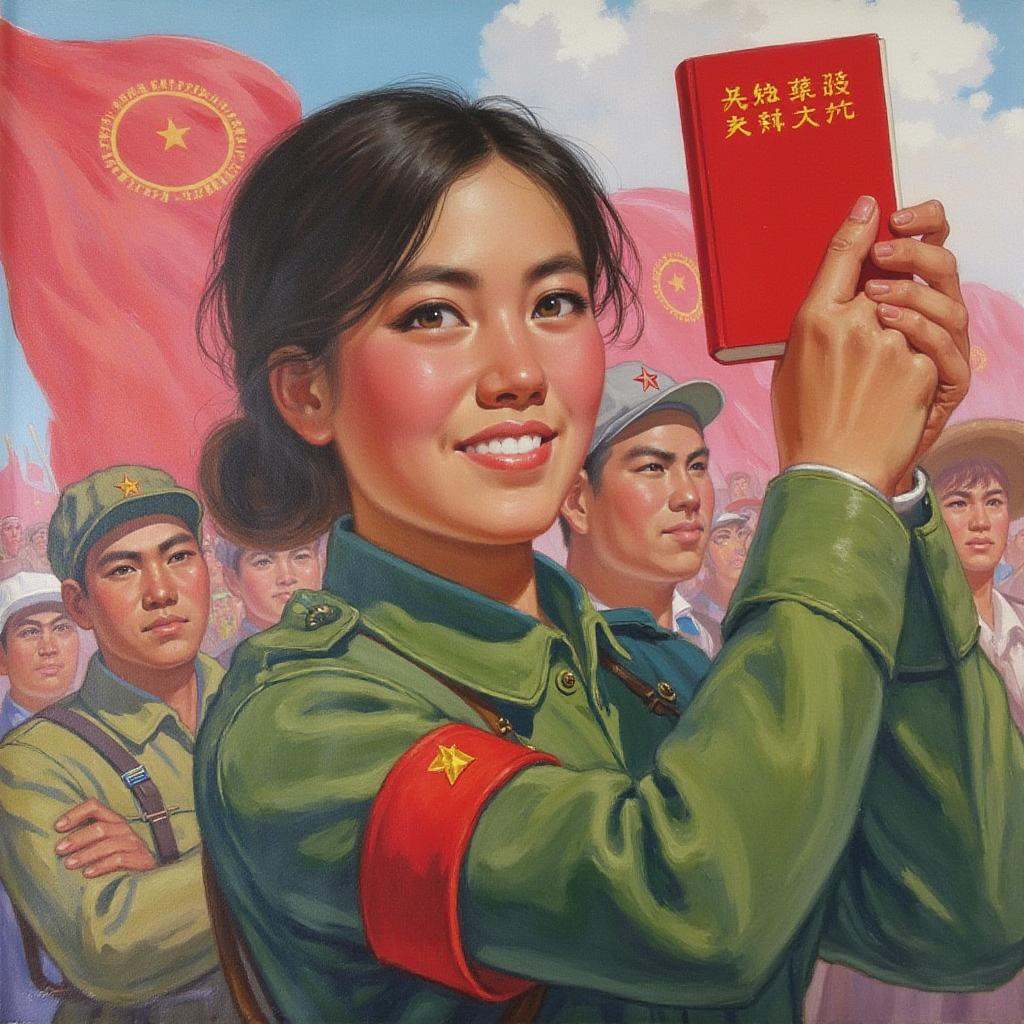 maoist propaganda poster,  A determined young woman in a red armband and a green military uniform holds up ***’s Little Re...