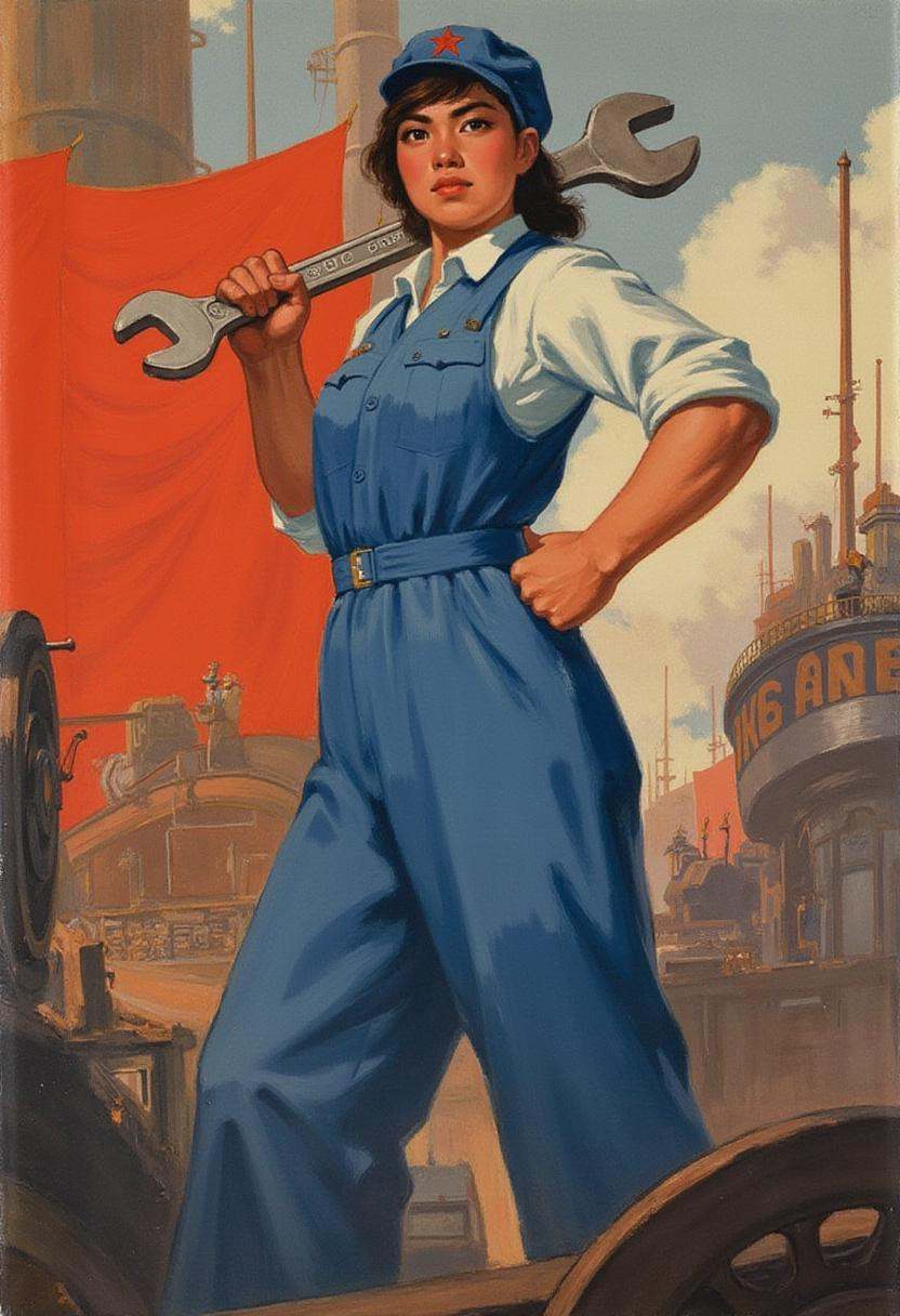 maoist propaganda poster,  A resolute young woman in a blue jumpsuit,  gripping a heavy wrench on Tensor.Art