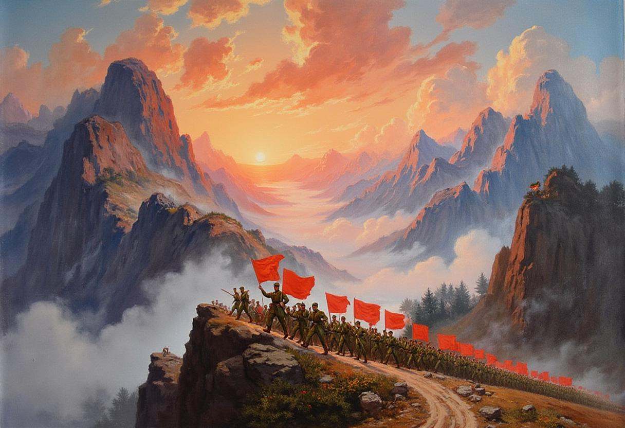 maoist propaganda poster,  A vast,  sweeping scene of the Chinese Red Army marching in perfect unison through towering on...