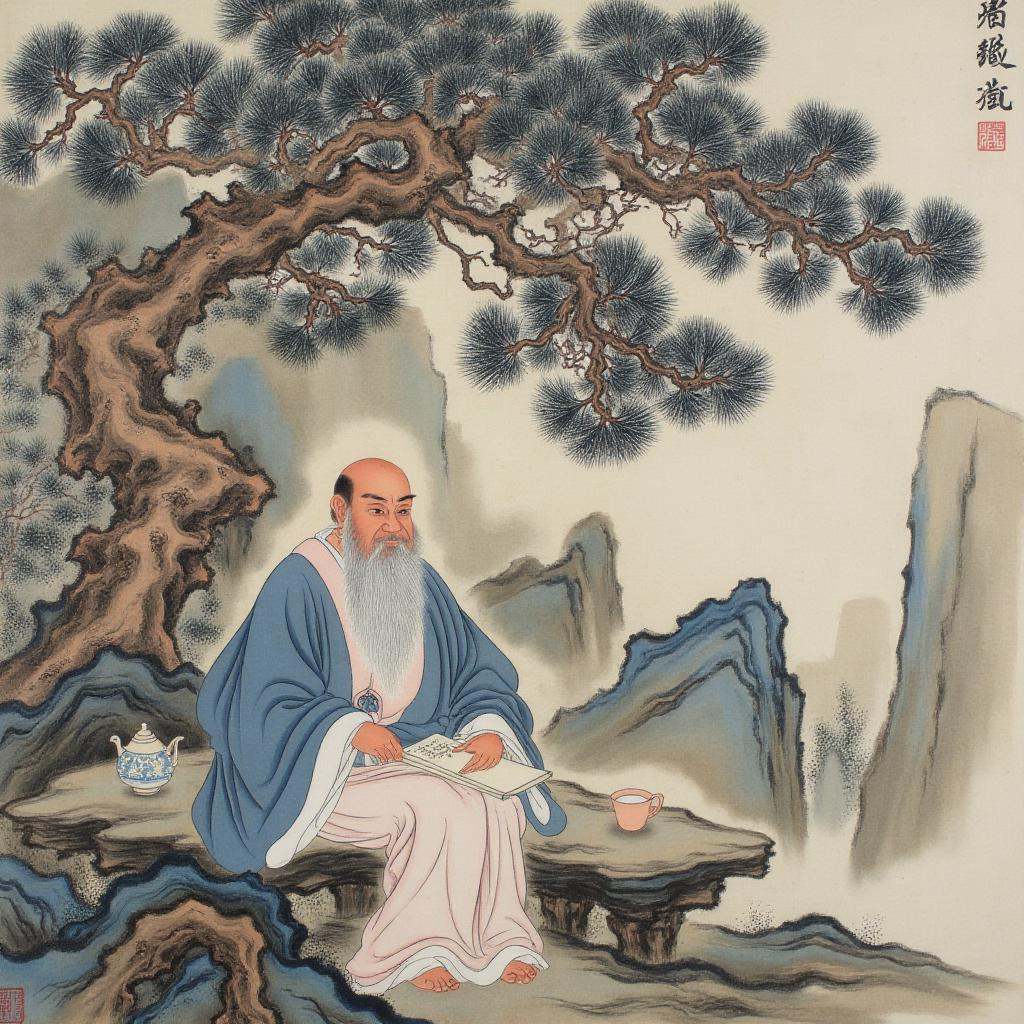 chinese traditional painting in tc artstyle,  A wise old scholar in flowing robes sits beneath a towering pine tree,  read...