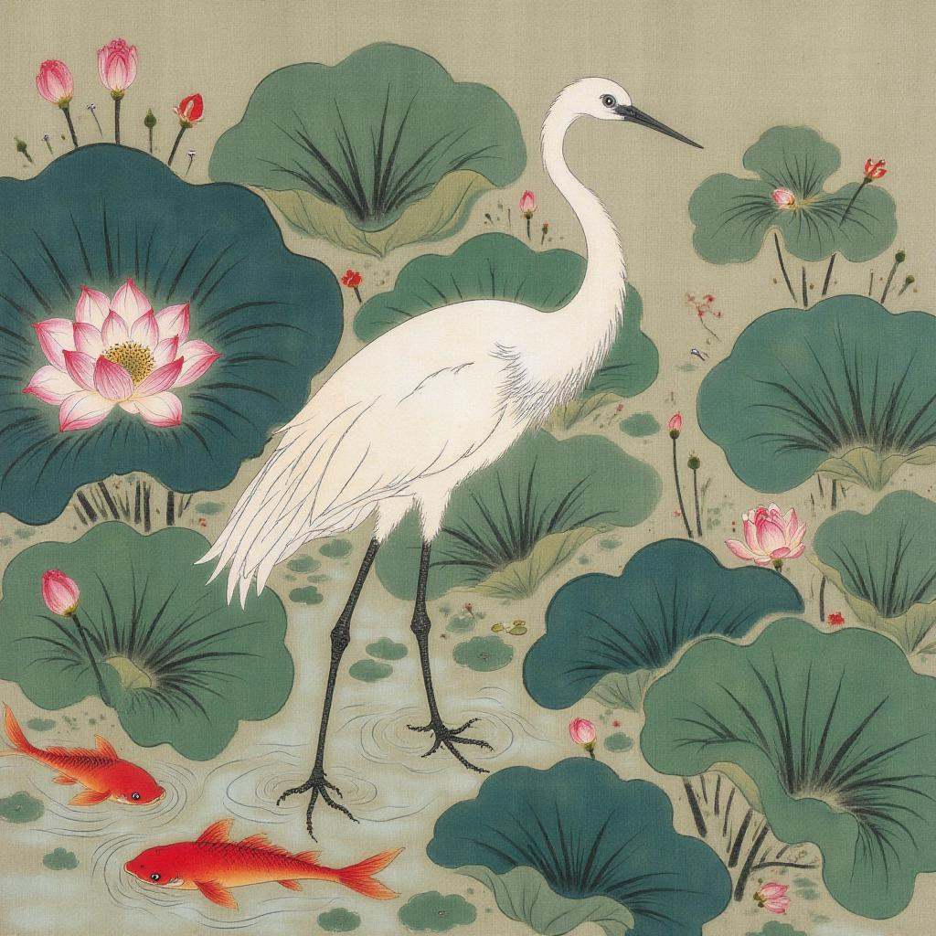 chinese traditional painting in tc artstyle,  A white crane stands gracefully in a serene lotus pond,  surrounded by large...