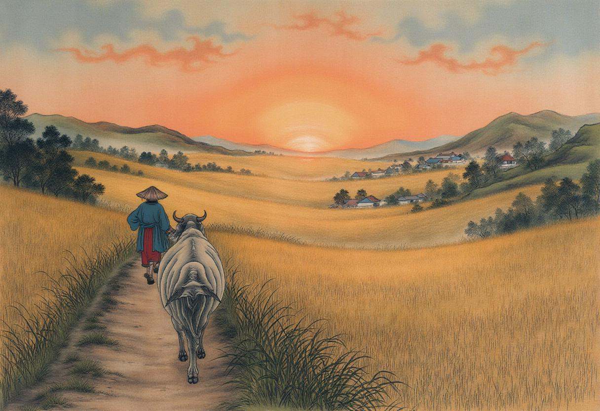 chinese traditional painting in tc artstyle,  Endless rice fields stretch toward the horizon,  bathed in the warm glow of...