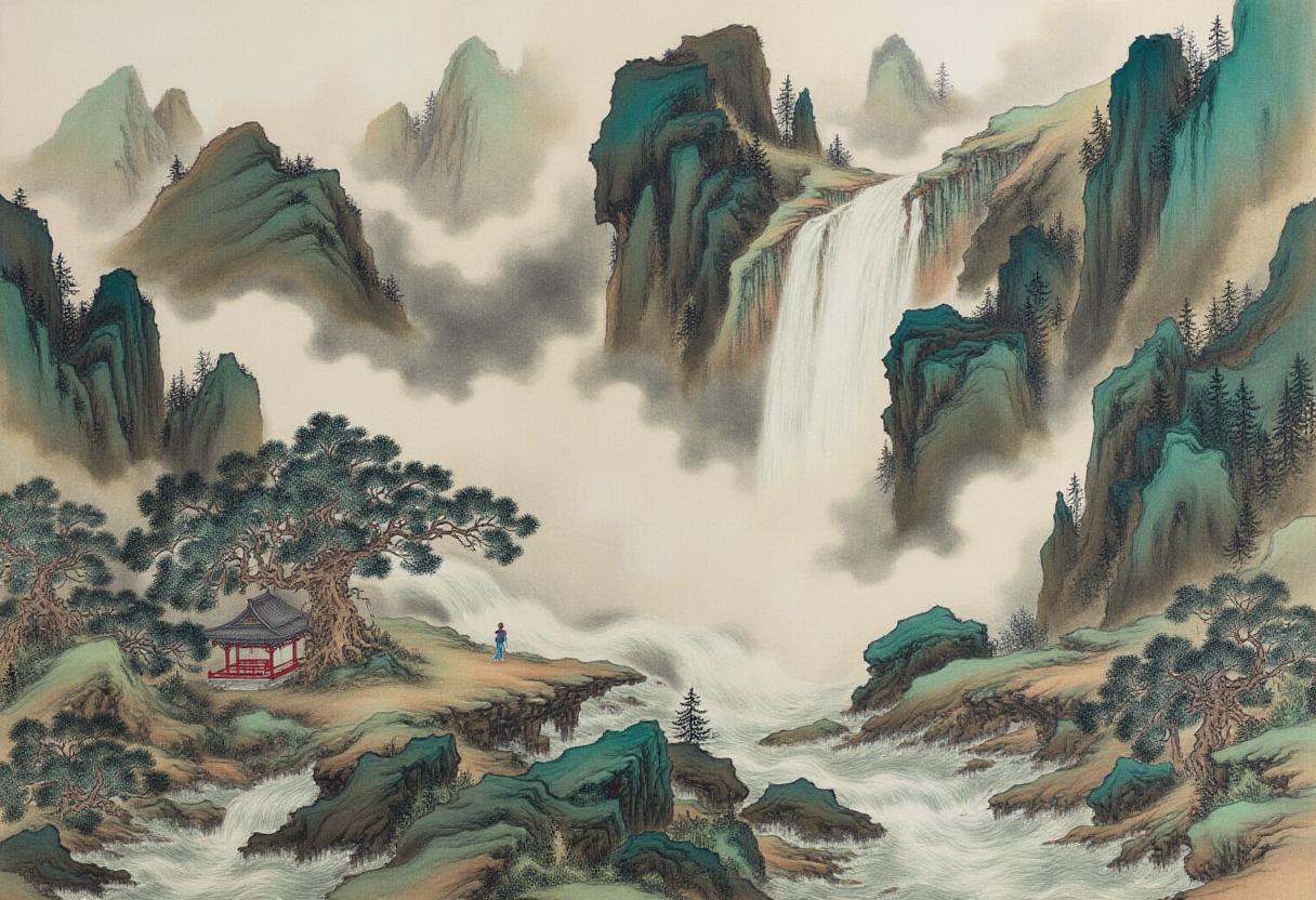 chinese traditional painting in tc artstyle,  A massive waterfall cascades down rugged cliffs,  surrounded by lush green t...