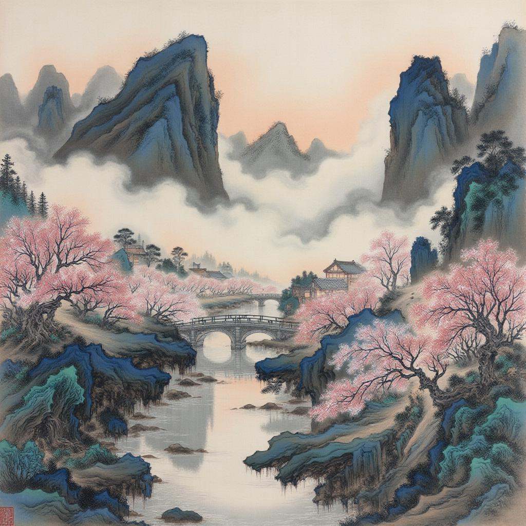 chinese traditional painting in tc artstyle,  a misty mountain village,  surrounded by blossoming cherry trees. A narrow s...