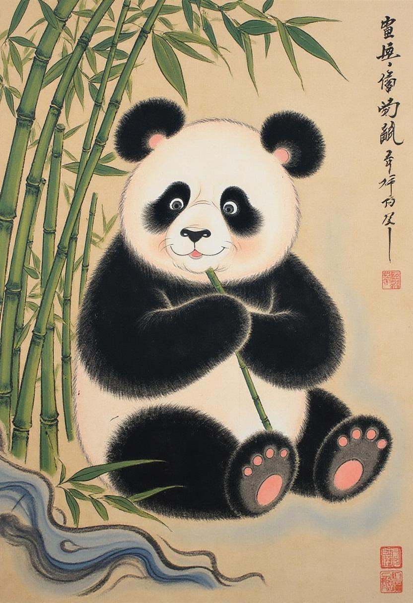 chinese traditional painting in tc artstyle,  a gentle giant panda,  sitting among dense bamboo stalks on Tensor.Art