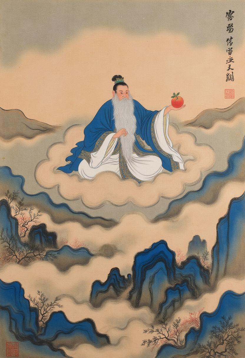 chinese traditional painting in tc artstyle,  A Taoist immortal with a long white beard and flowing robes rides on a float...
