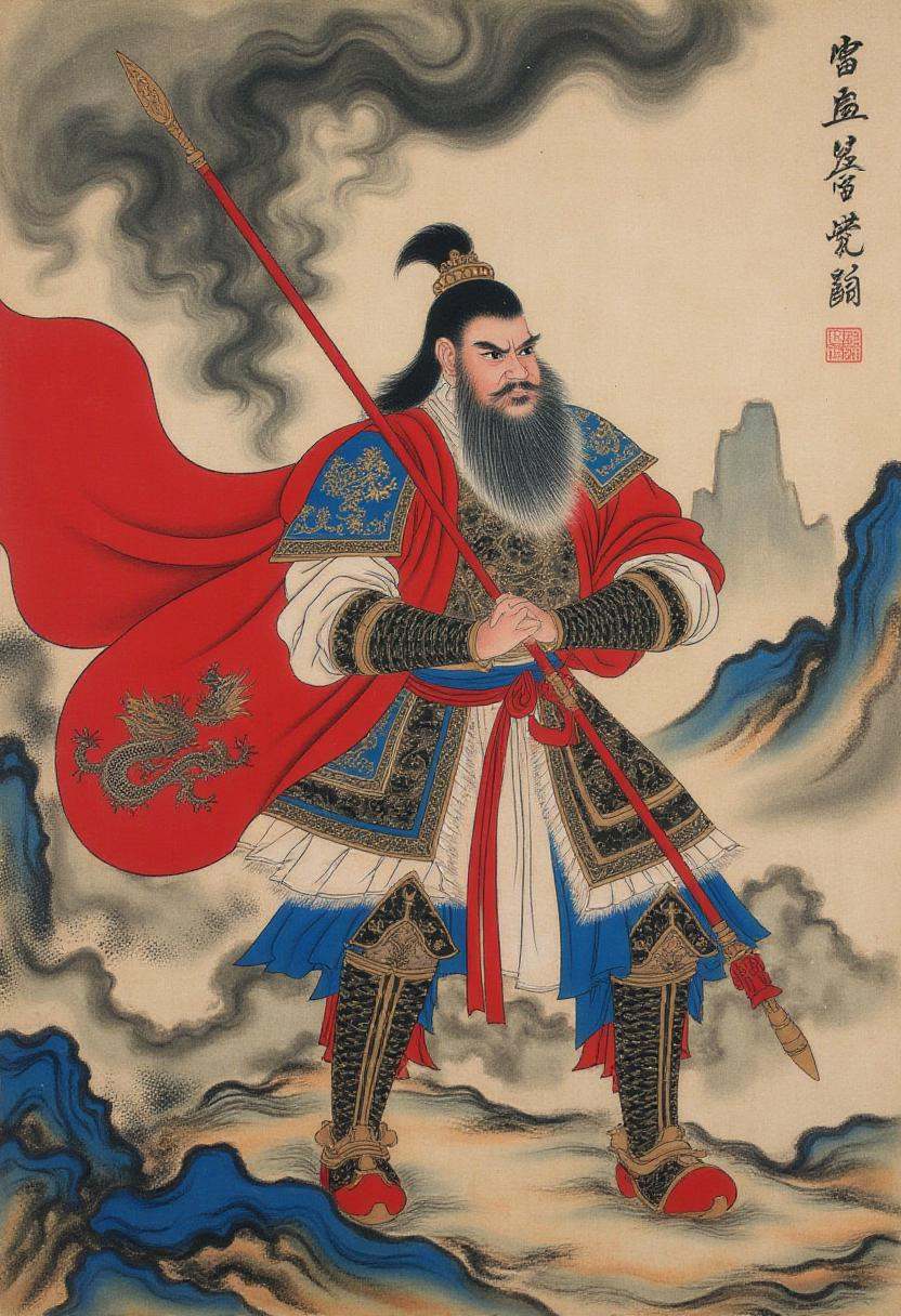 chinese traditional painting in tc artstyle,  A fierce but noble ancient Chinese warrior,  clad in ornate armor with drago...