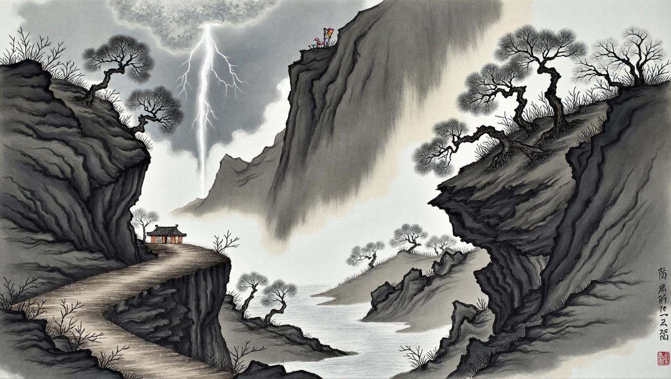 chinese traditional painting in tc artstyle,  portraying a dramatic,  windswept mountain pass during an incoming summer th...
