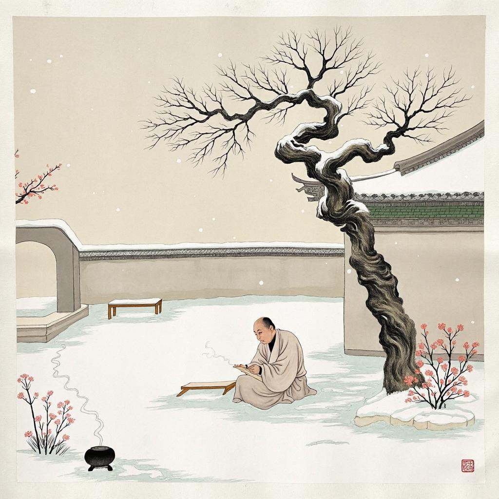 chinese traditional painting in tc artstyle,  capturing a contemplative winter scene in a circular walled garden during a...