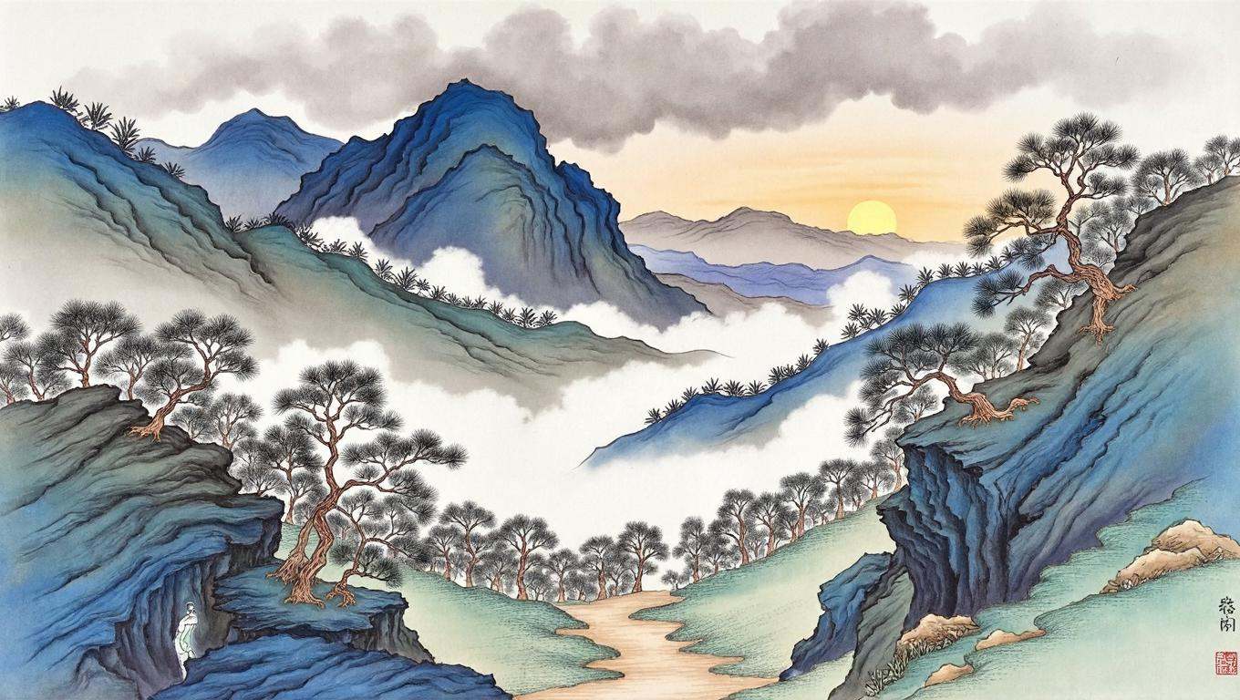 chinese traditional painting in tc artstyle of a mist-shrouded pine forest at dusk,  rendered in delicate brushwork and in...