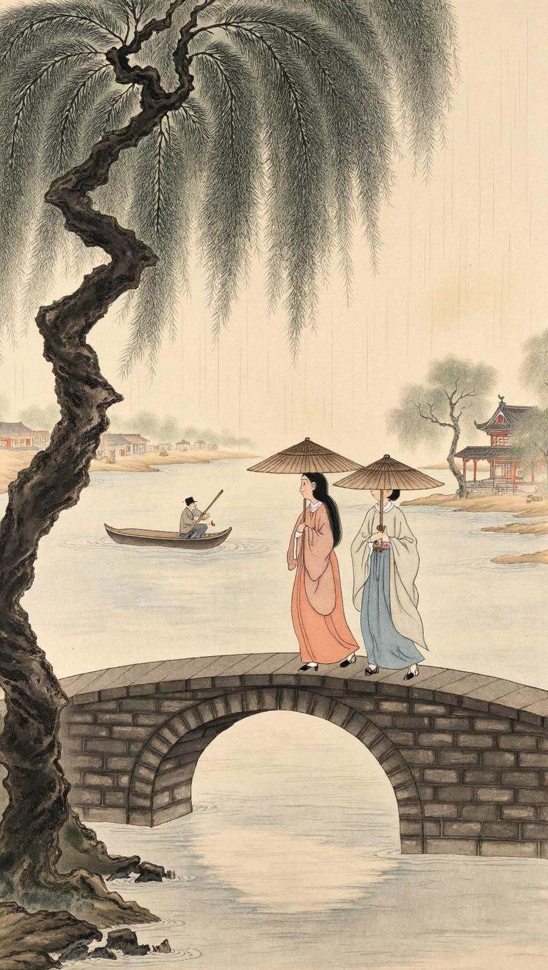 chinese traditional painting in tc artstyle depicting a vertical scroll-like composition of a small rural procession in a...
