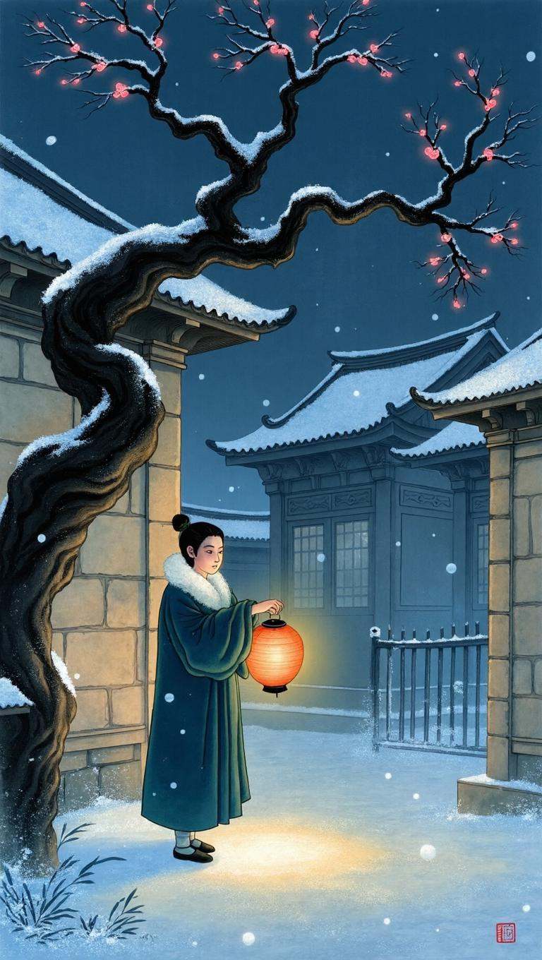chinese traditional painting in tc artstyle of a solitary middle-aged woman standing under a snow-laden plum tree in a sil...