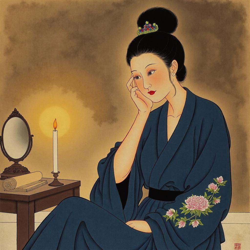 chinese traditional painting in tc artstyle depicting a close-up,  intimate portrait of an ***** woman seated by candlelig...