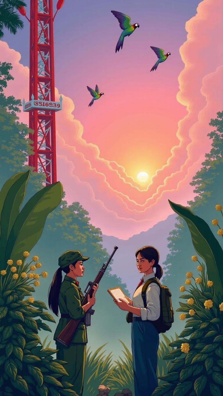 maoist propaganda poster,  In a lush subtropical jungle at dawn,  soldiers and botanists work together to build a self-sus...