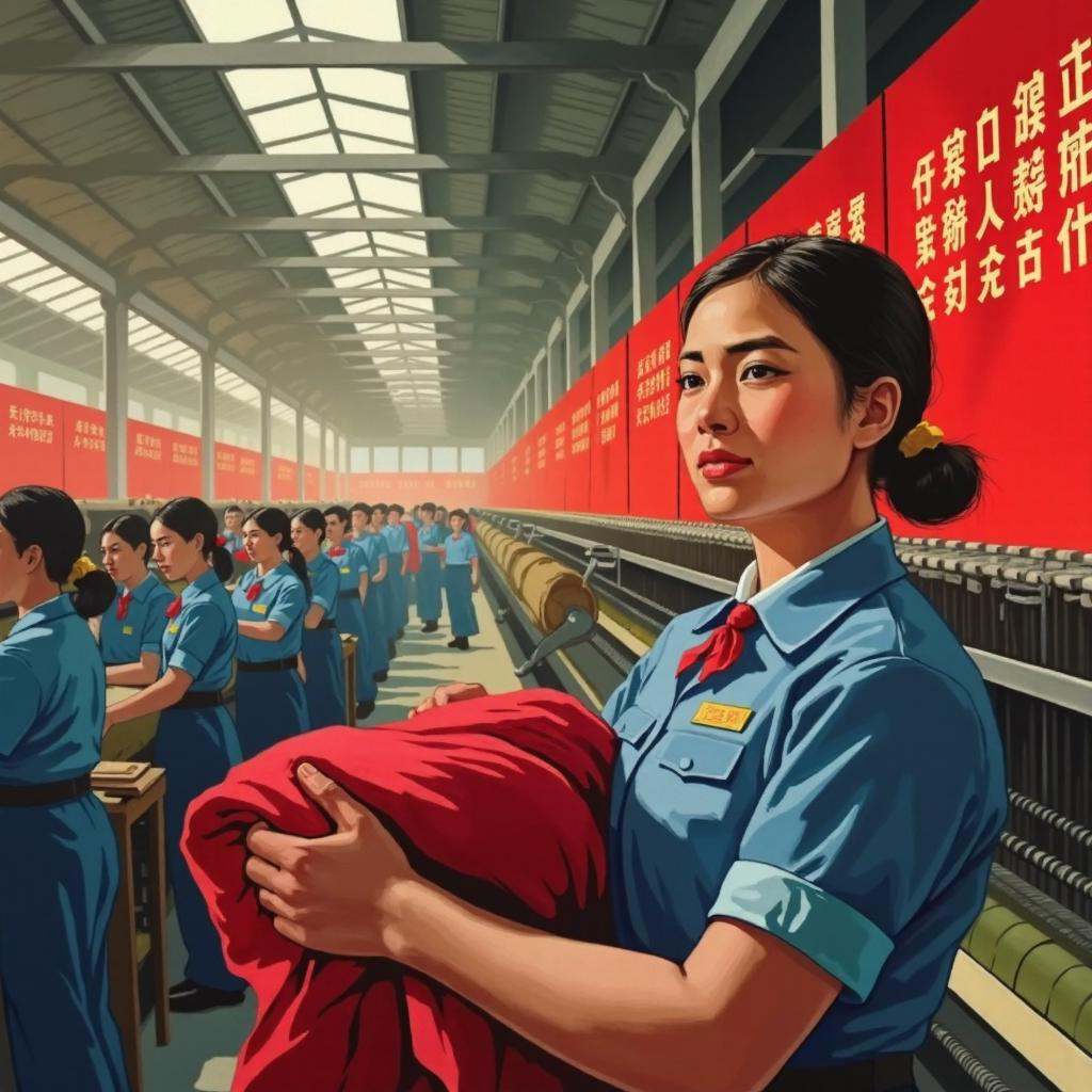 maoist propaganda poster,  Inside a bustling textile factory under the warm midday sun filtering through skylights,  rows...