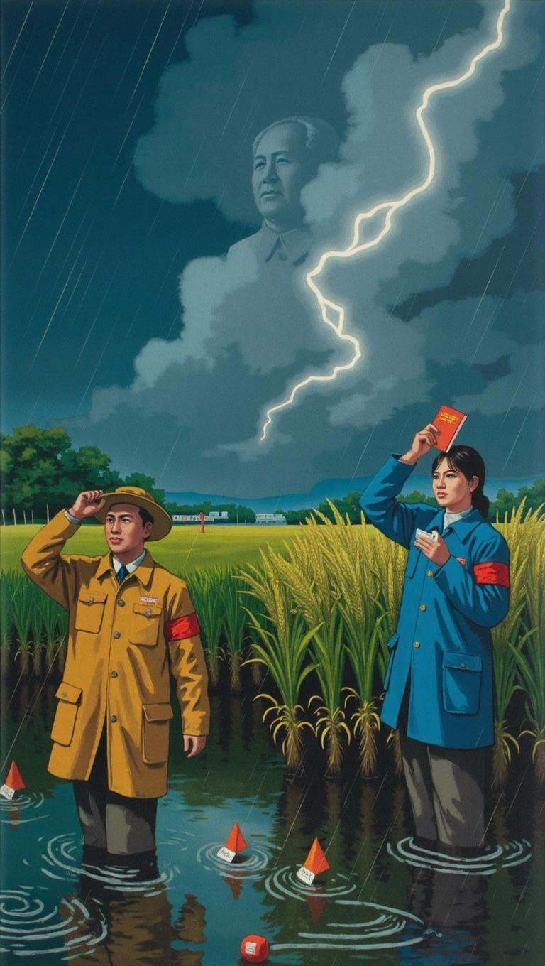 maoist propaganda poster,  At night under a dramatic monsoon storm,  lightning flashes over a tropical rice paddy where fe...