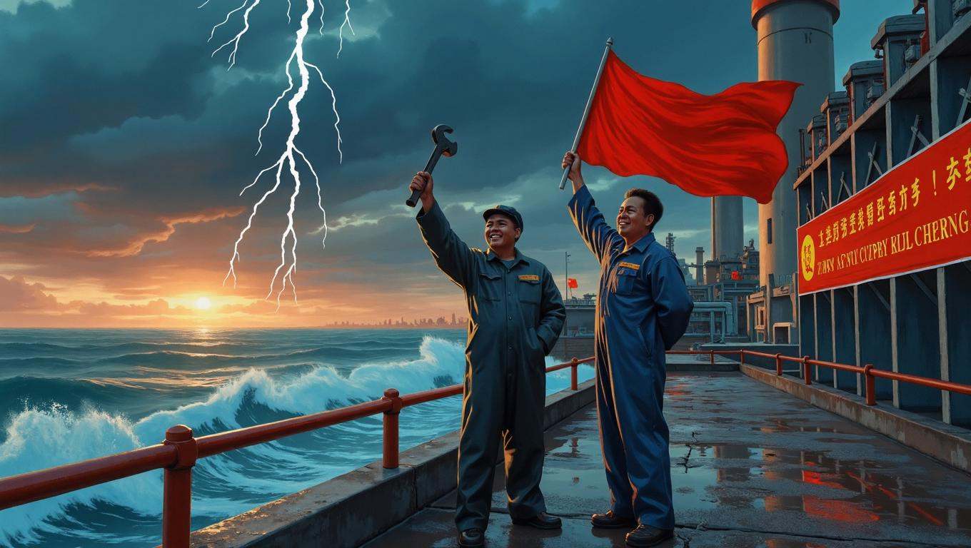 maoist propaganda poster,  A dramatic beachside oil refinery under a stormy twilight sky,  with waves crashing against mas...